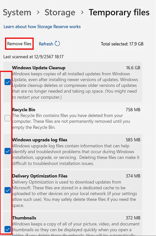 Temporary files in storage Windows 11