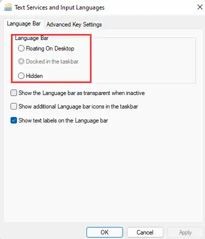Text Services and Input Languages Language bar
