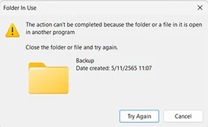 The action can't be completed because the folder or a file in it is open