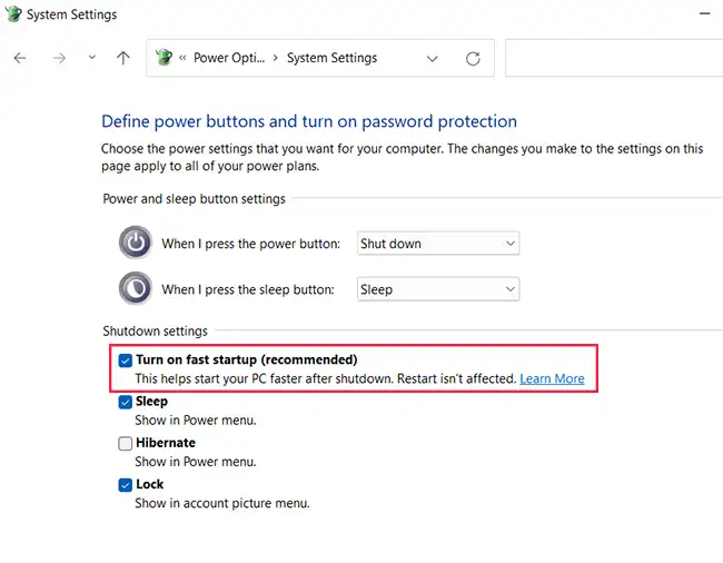 Turn on fast startup Windows 11