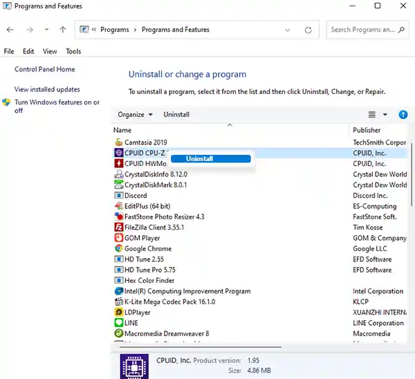 Uninstall Program in Programs and features Windows 11