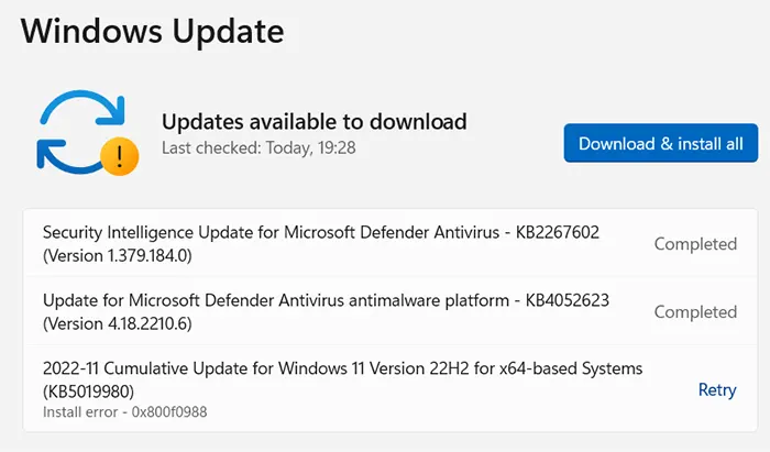 Update Windows 11 error - 0x800f0988