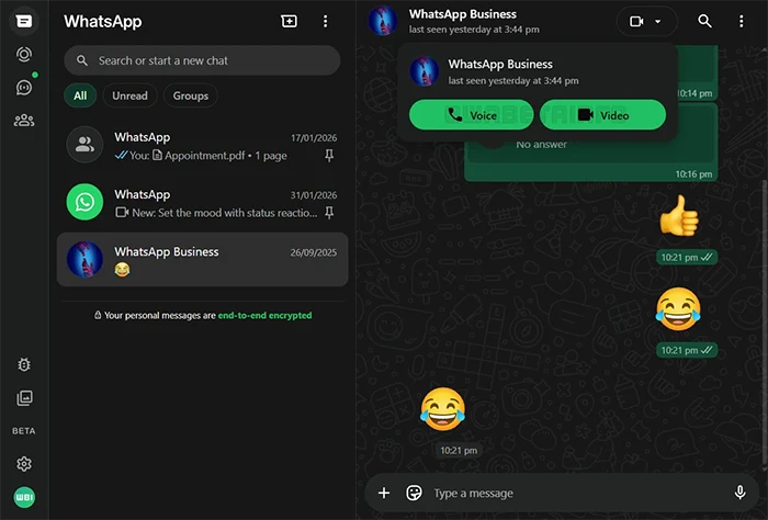 WhatsApp voice and video calls on Web