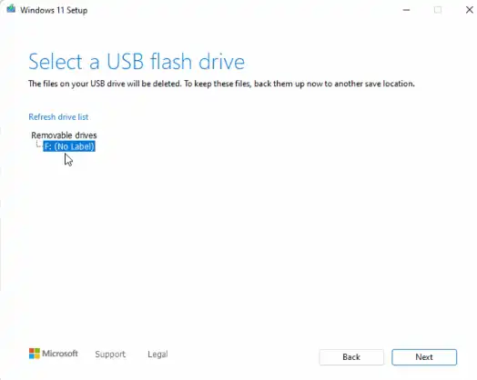 เลือกแฟลชไดรฟ์ที่ต้องการทำตัวติดตั้ง Windows 11