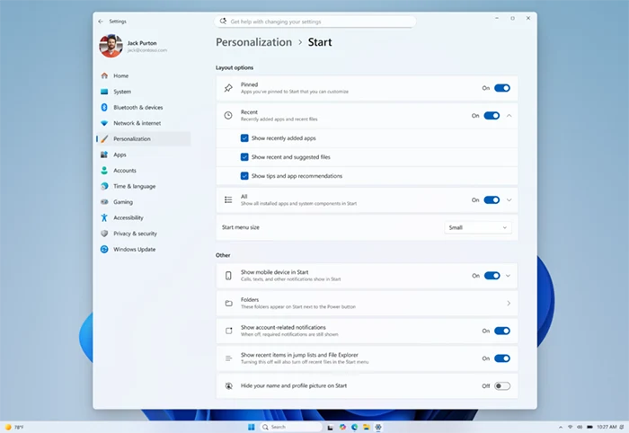 Windows 11 Start setting showing the new section-level toggles