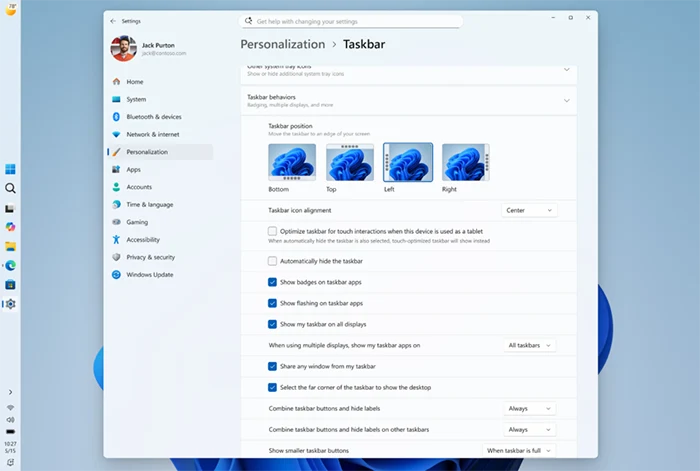 Windows 11 Taskbar new Settings Personalization
