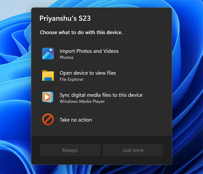 Windows 11 The new AutoPlay experience, shown in dark mode