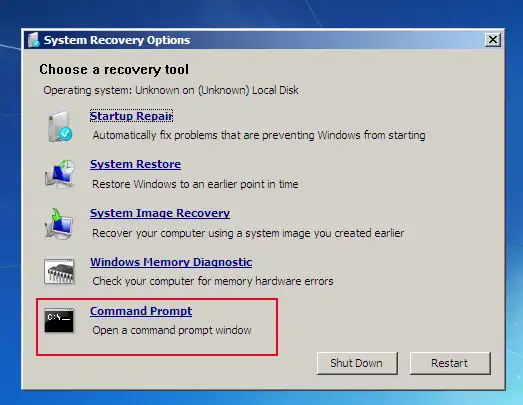 Windows 7 System recovery options Command Prompt