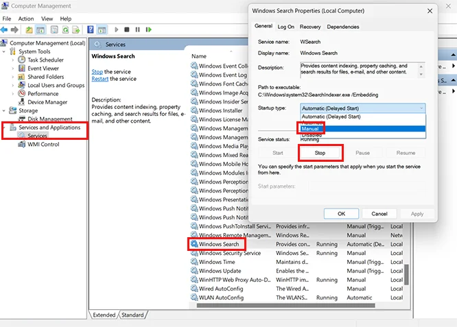 Windows Search Services Stop Setting