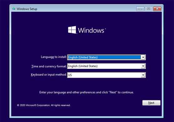 Windows setup Language to install