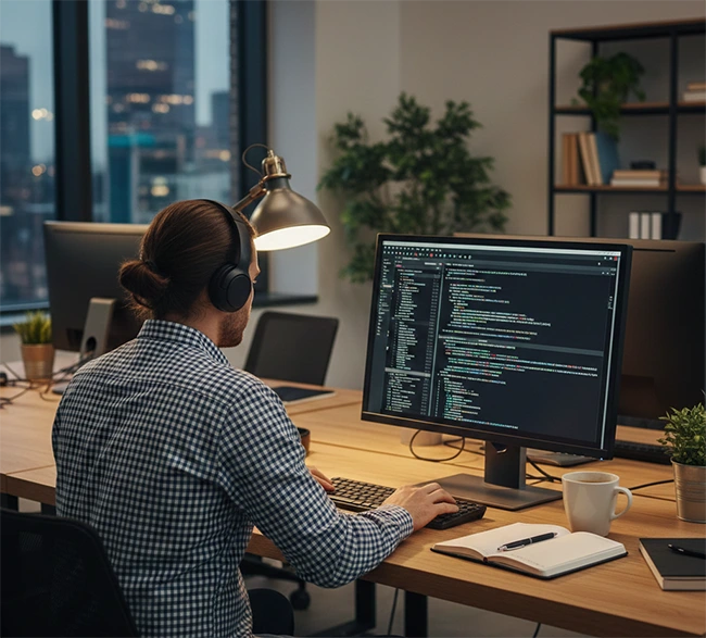 Working พนักงานทำงานหน้าคอมพิวเตอร์ เขียนโปรแกรม