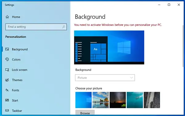 "You need to activate Windows before you can personalize your PC."
