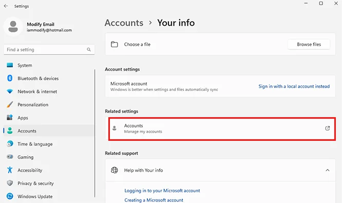 Your info Manage my accounts Microsoft account Windows 11