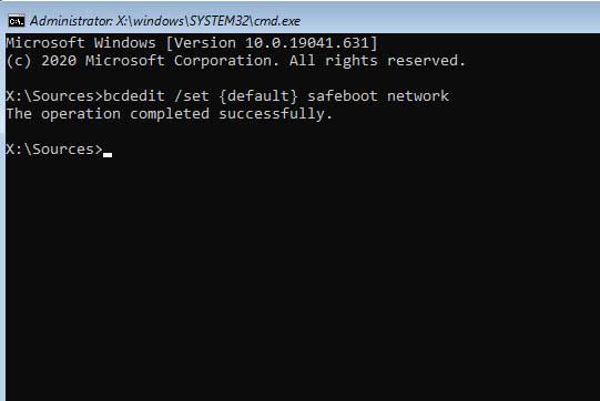 bcdedit /set {default} safeboot network