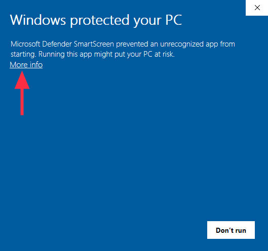 ข้อมูลเพิ่มเติม Windows Protected PC ของคุณ  Microsoft Defender SmartScreen ป้องกันไม่ให้แอปที่ไม่รู้จักเริ่มทำงาน  การเรียกใช้แอปนี้อาจทำให้พีซีของคุณมีความเสี่ยง