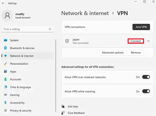 connect VPN Windows 11