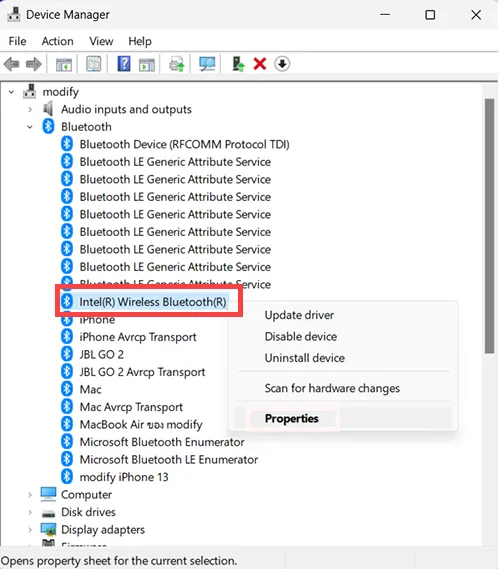 device manager Bluetooth Properties