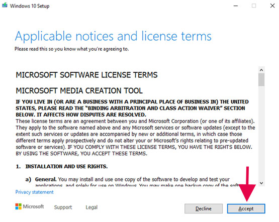 license terms windows 10