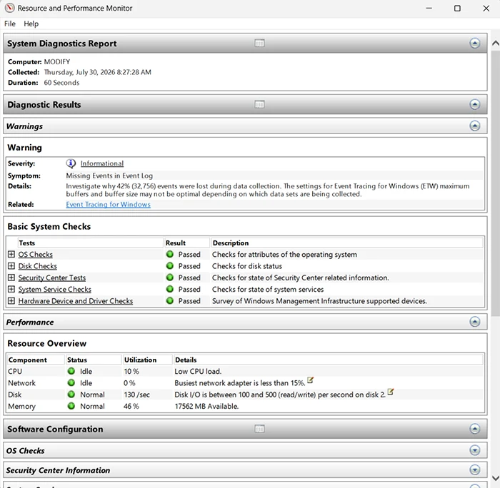 perfmon report-Resource and Performance Monitor info