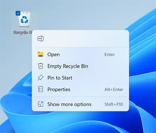 recycle bin modern context menu