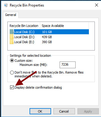recycle bin properties