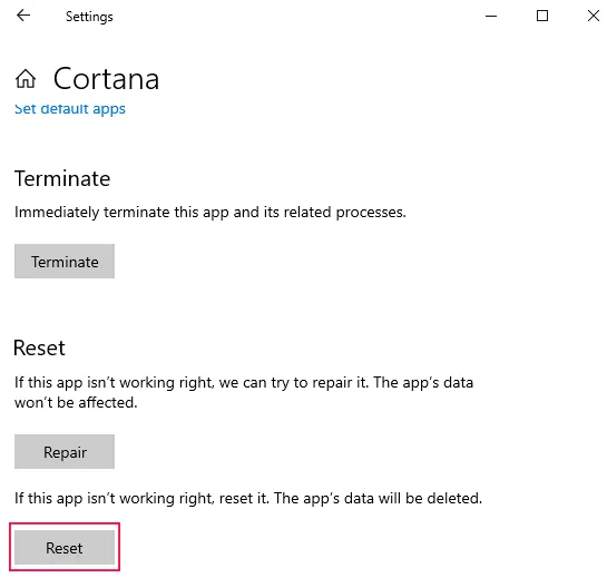 reset Cortana Windows 10