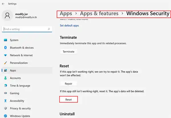 reset Windows Security Apps