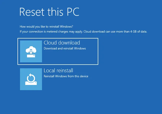 reset this pc cloud download or local reinstall