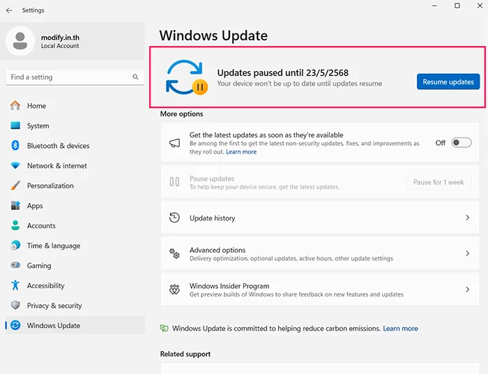 resume Pause Updates Widnows 11
