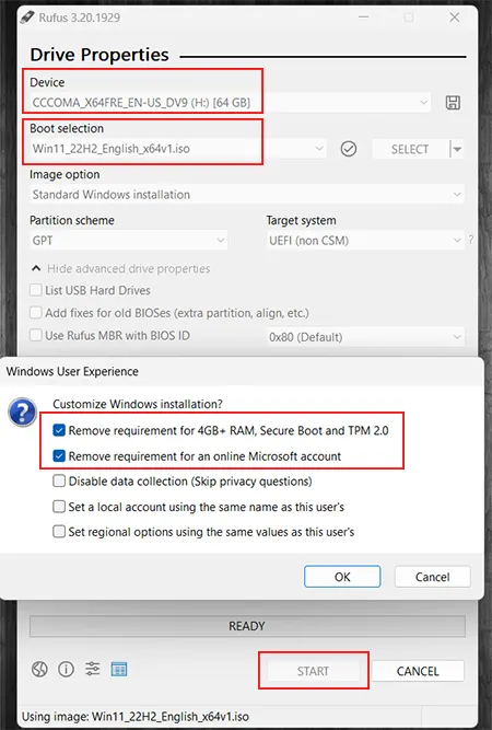 rufus create flahs driver install Windows 11 remove requirement secrue boot tpm