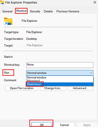 shortcut file exploror Maximize Windows 11
