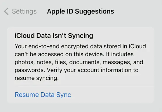 some iCloud data isn't syncing iCloud Data Isn't Syncing Your end-to-end encrypted data stored in iCloud can't be accessed on this device. It includes photos, notes, files, documents, messages, and passwords. Verify your account information to resume syncing.
