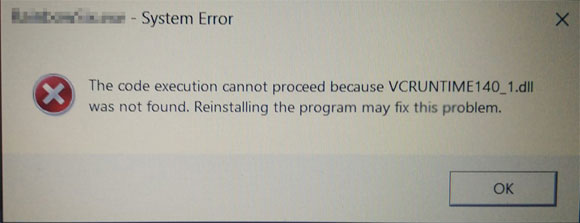 The code execution cannot proceed because vcruntime140.dll was not found. Reinstalling the program may fix this problem.